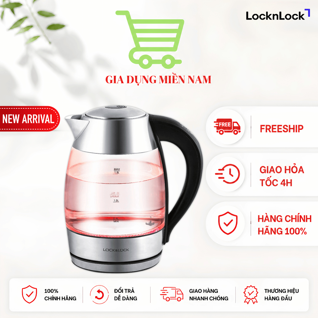 Ấm Đun Siêu Tốc Thủy Tinh Locknlock EJK341, dung tích 1.8L - Hàng Chính Hãng