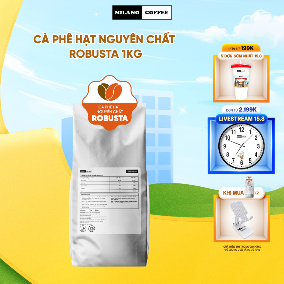 Cà phê hạt nguyên chất Robusta Milano Coffee (1kg)