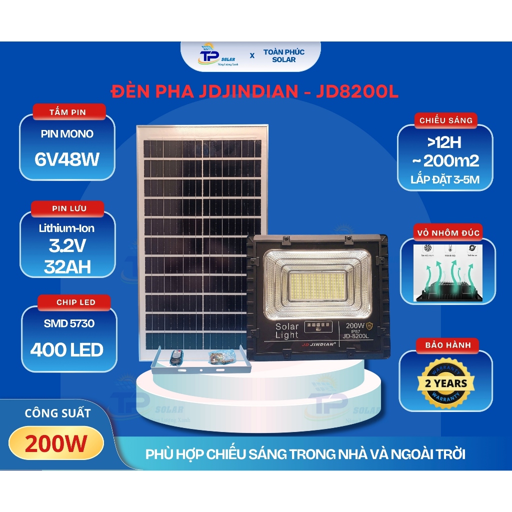 ĐÈN PHA NĂNG LƯỢNG MẶT TRỜI JD JINDIAN CÔNG SUẤT 200W - MÃ SẢN PHẨM JD8200L
