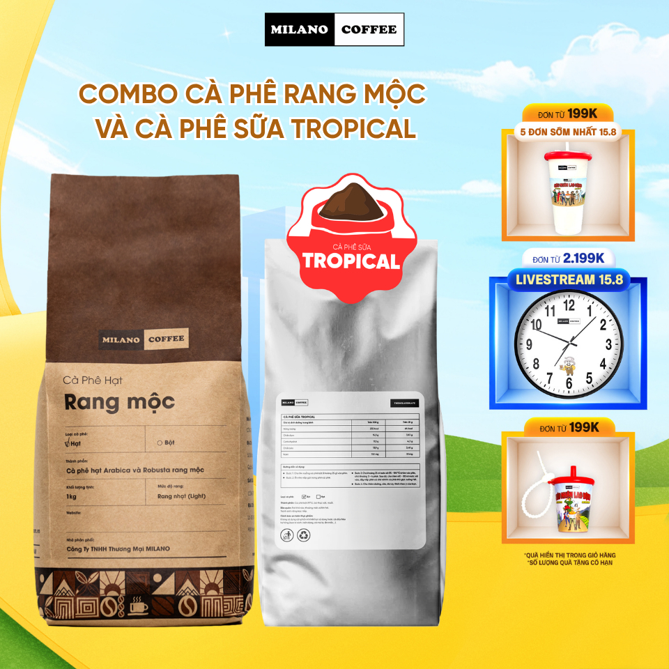 Combo Cà phê hạt Rang mộc và Cà phê sữa pha phin Tropical Milano Coffee (1kg)
