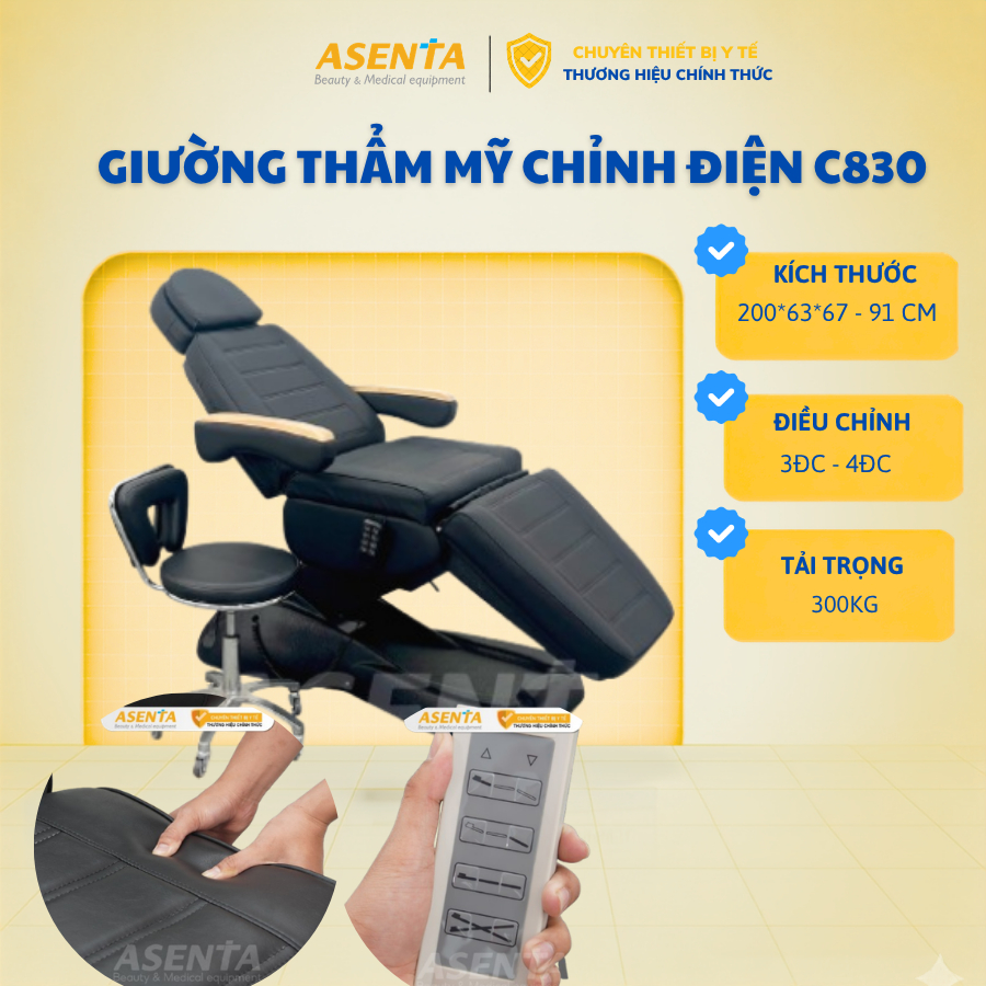 Giường phun xăm chỉnh điện cao cấp, Ghế chỉnh điện 4 động cơ thiết kế sang trọng C830