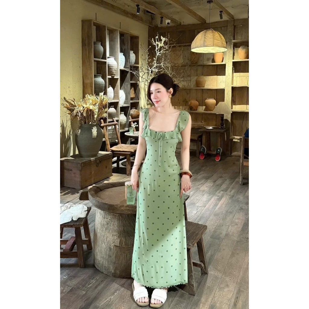 [Pamela Clothing] Đầm maxi 2 dây viền bèo; vải thun lưới