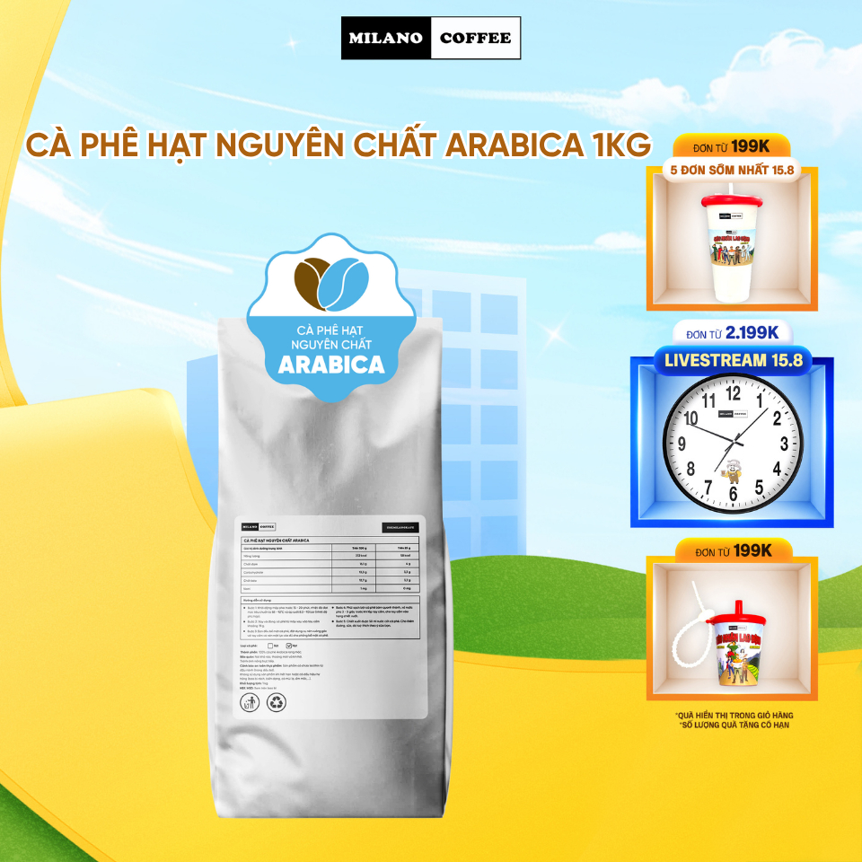Cà phê hạt nguyên chất Arabica Milano Coffee (1kg)