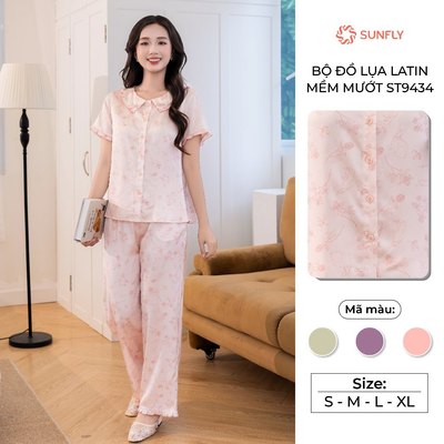 Bộ mặc nhà pijama nữ SUNFLY lụa latin mềm áo cộc quần dài ST9434