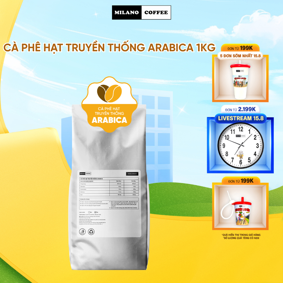 Cà phê hạt truyền thống Arabica Milano Coffee (1kg)