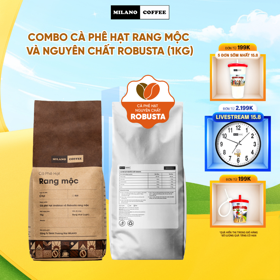 Combo cà phê hạt pha máy Milano Coffee - Cà phê hạt rang mộc và cà phê hạt nguyên chất Robusta (1kg)