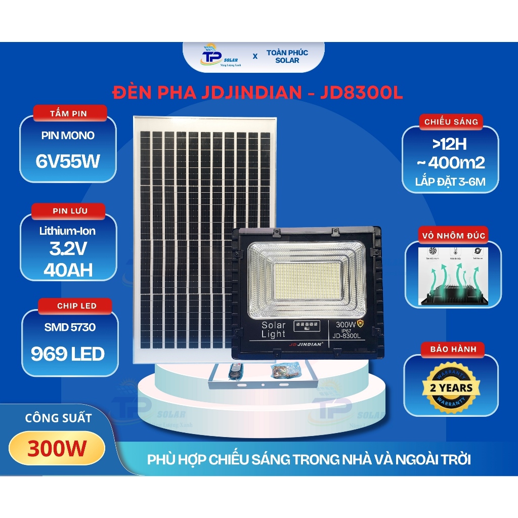 ĐÈN PHA NĂNG LƯỢNG MẶT TRỜI JD JINDIAN CÔNG SUẤT 300W - MÃ SẢN PHẨM JD8300L