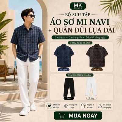 Bộ sưu tập Áo Sơ Mi Kẻ Navi + Quần Đũi lụa dài MKCLEVER Form Rộng Thoáng Mát, Set Đồ Nam Trẻ Trung Mặc đi chơi đi làm