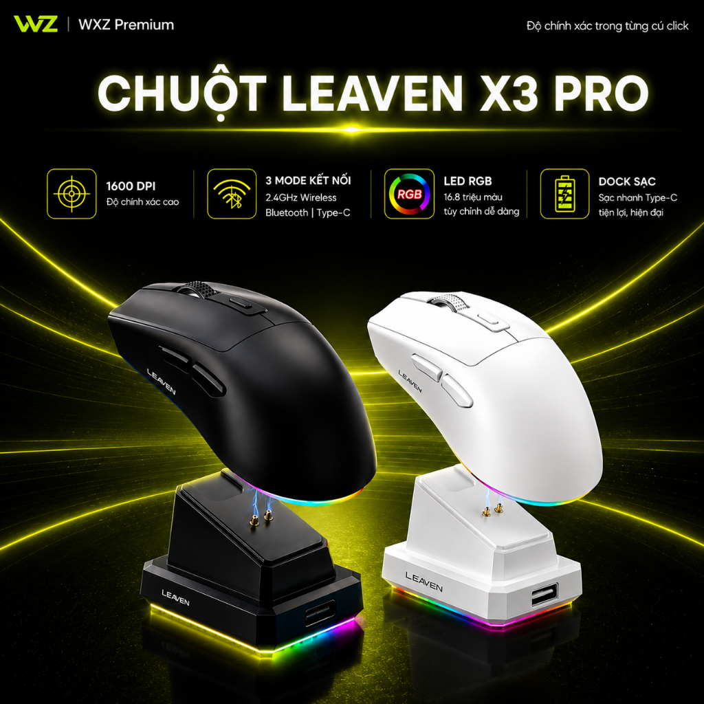 Chuột Gaming Leaven X3 Pro, LED RGB, 1600 DPI, 2 Mode Kết Nối Bluetooth Và 2.4G, Dock Sạc Từ Type-C