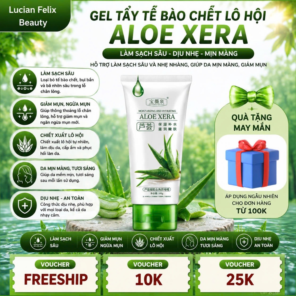 Gel tẩy tế bào chết lô hội ALOE XERA - Hỗ trợ làm sạch sâu và nhẹ nhàng, giúp da mịn màng, giảm mụn