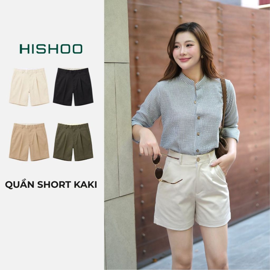 Quần nữ kaki lưng cao xếp li Hishoo short suông basic mặc đi chơi, đi làm HISHOO Q2G001