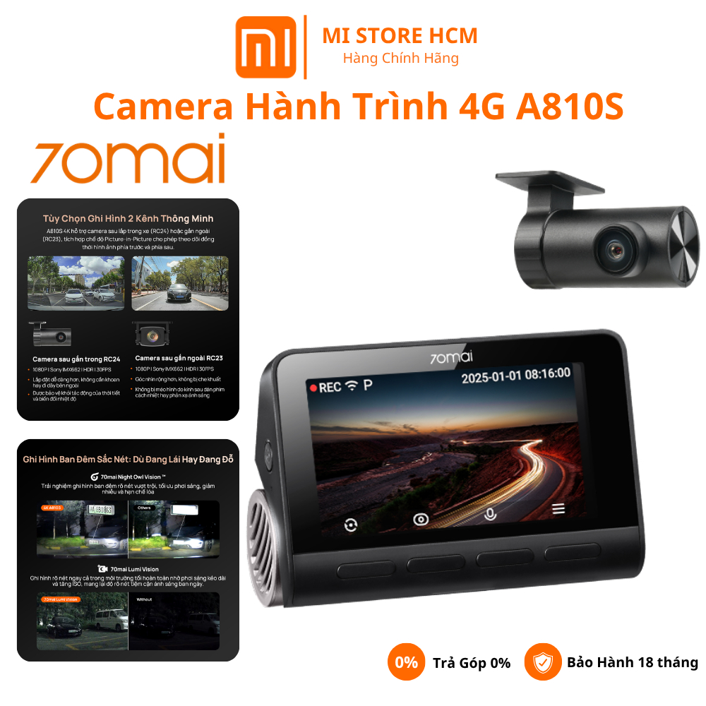 Camera Hành Trình 70mai A810S Trước Sau 4K Ultra HD GPS WiFi Ghi Hình Ban Đêm Siêu Nét - Chính Hãng