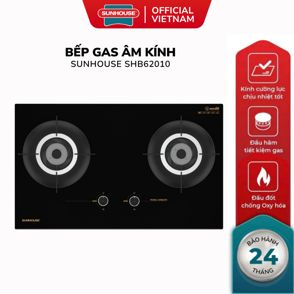 Bếp Gas Đôi Âm Kính Sunhouse SHB62010 - Bảo Hành 24 Tháng, Điếu Bếp Bằng Hợp Kim Gang,Tiết Kiệm Gas