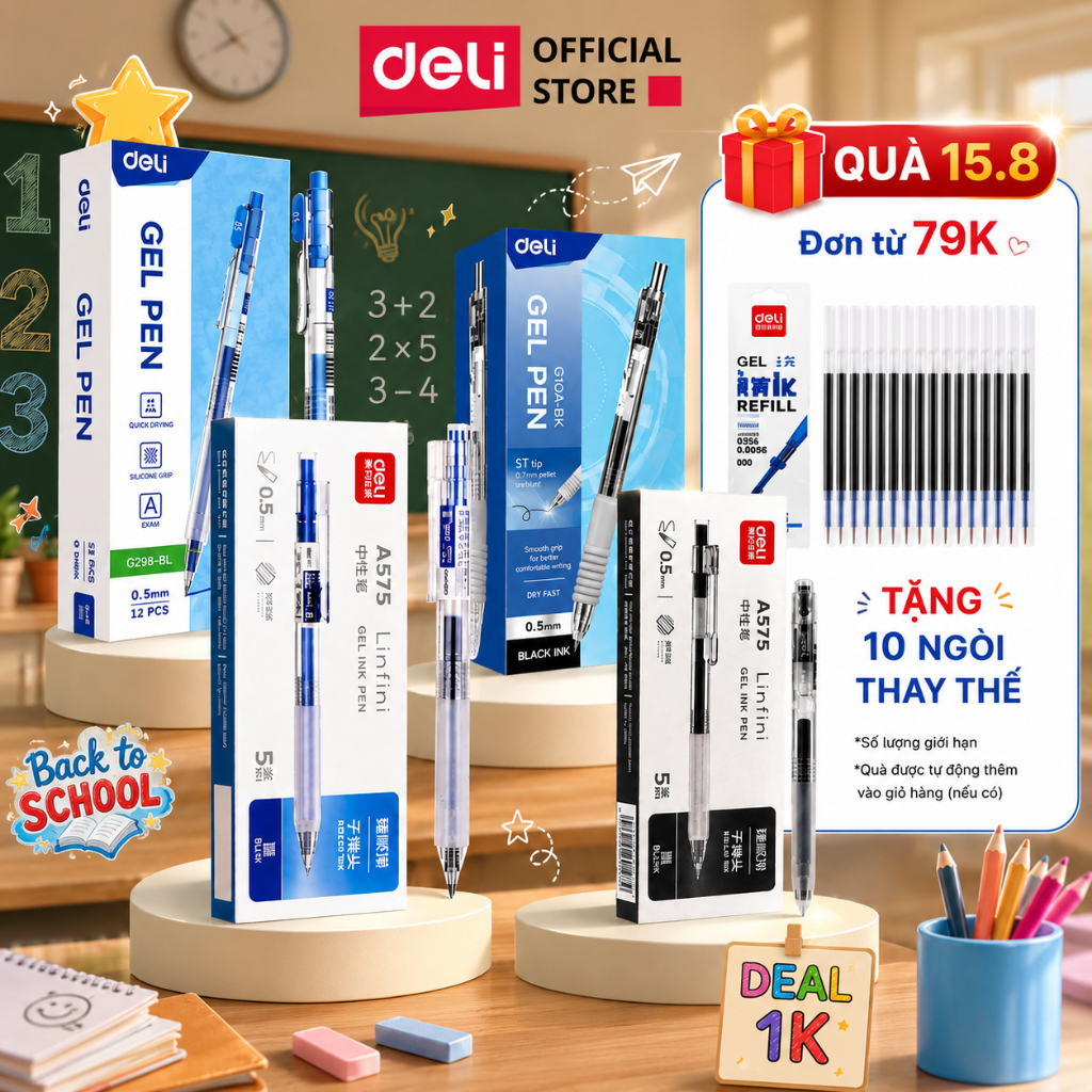 [🔥15.8 TẶNG 10 NGÒI] Hộp 5 chiếc A575 Bút Gel Bút Bi Ngòi 0.5mm Dung Tích Lớn Deli A575, A057B, S60,