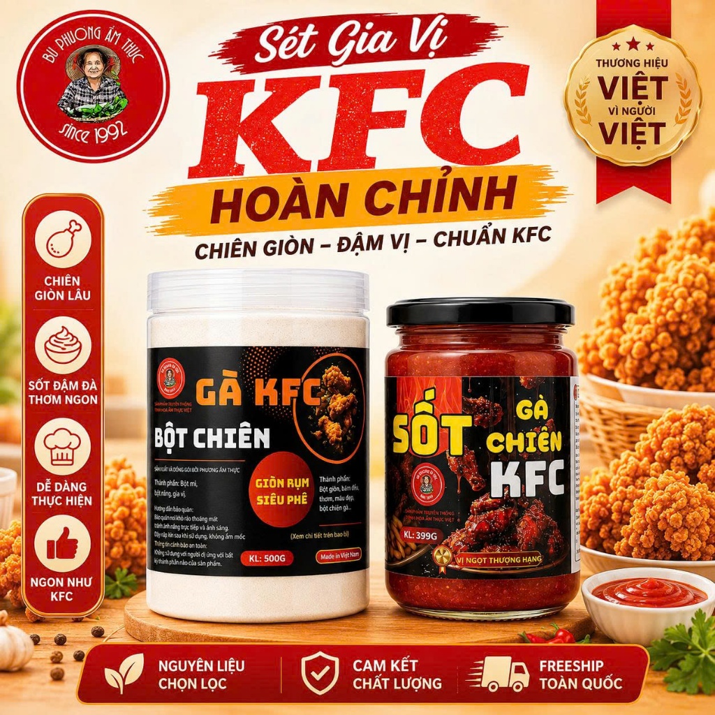 Sét Gia Vị KFC Hoàn Chỉnh Bu Phương | Bột Chiên Gà KFC 500G + Sốt Gà Chiên KFC 399G | Nhanh Và Tiện