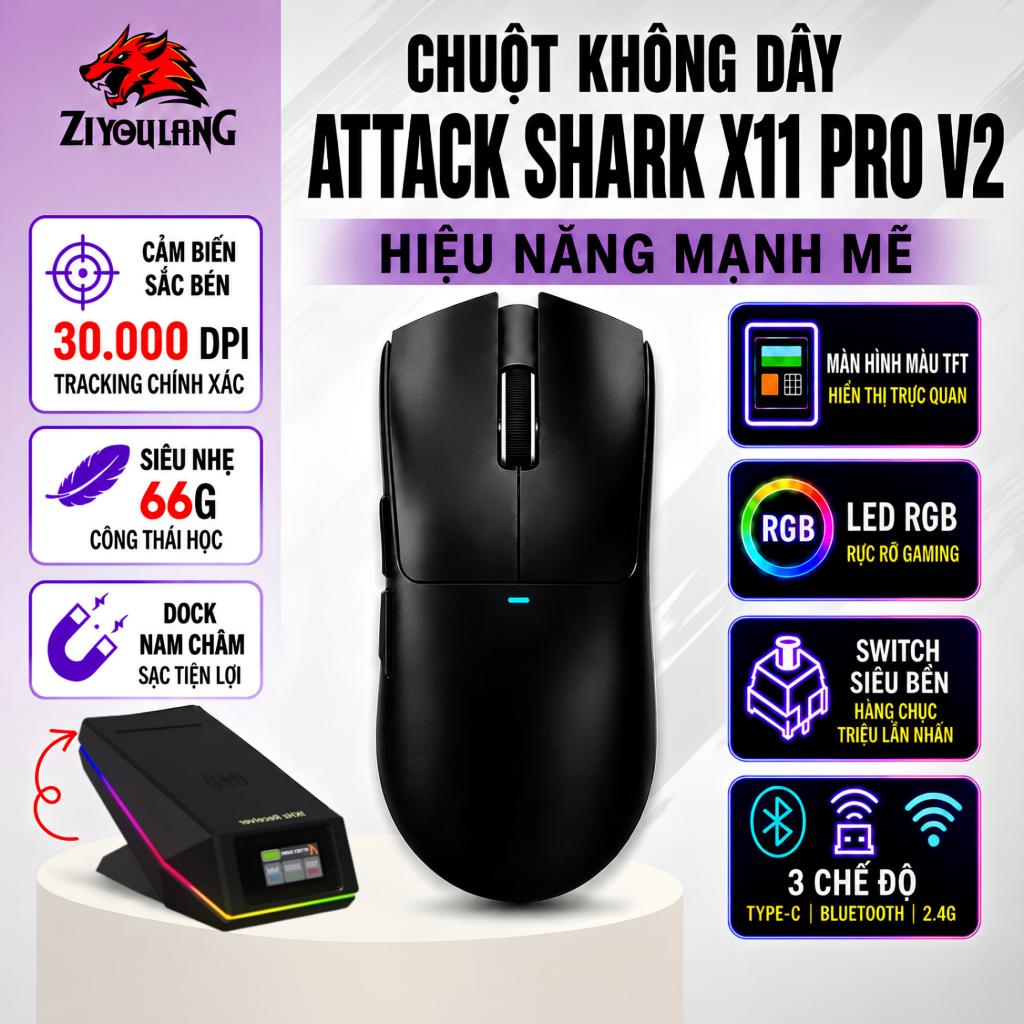 Chuột Gaming Không Dây Attack Shark X11 Pro V2 - PAW3315 30K DPI, Dock Sạc Màn Hình TFT, 3 Mode