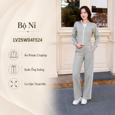 Bộ Thể Thao Nữ 1 Lớp Livan LV25W04F524, Áo Khoác Croptop & Quần Suông, Bộ Nỉ Nữ