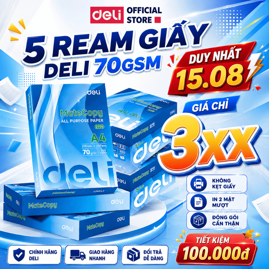 [TRỢ GIÁ SOCK]  Combo 5/10 Ream Giấy In A4 Deli Giấy PhotoCopy 70gsm Chính Hãng Loại Dày 2500 Tờ/Thù