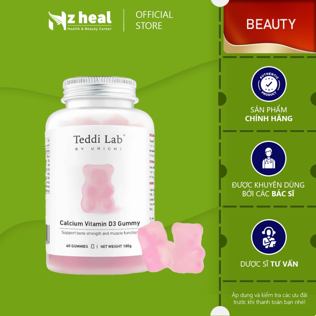 Kẹo dẻo tăng cường Canxi cho xương chắc khỏe Unichi Calcium Vitamin D3 Gummy (60 viên)