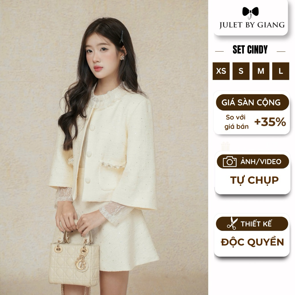 [JULETBYGIANG] Áo khoác dạ tweed  Juletbygiang tiểu thư hàng thiết kế phối túi đá phối chân váy CIND