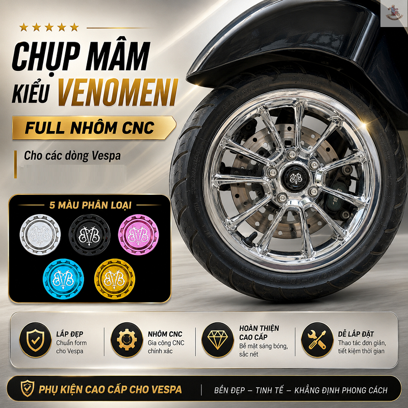Chụp Tâm Mâm Vespa Venomeni Full Nhôm CNC Cho Mâm Trước Sprint Primavera LX S GTS GTV