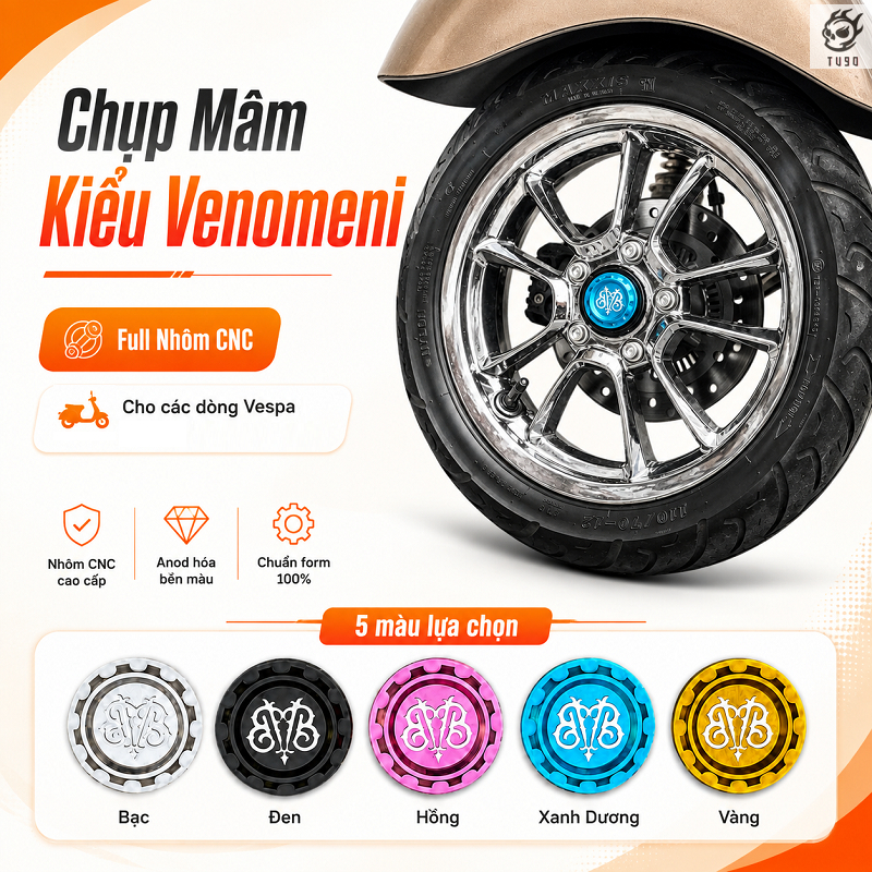 Chụp Mâm Kiểu Venomeni Nhôm CNC Cho Vespa Sprint Primavera LX S GTS GTV Mâm Trước Nhiều Màu