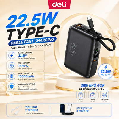 Pin Sạc Dự Phòng Mini Deli 10000mAh Sạc Nhanh 22.5W Tích Hợp Sẵn 2 Cáp Lightning Và Type-C Nhỏ Gọn Tiện Lợi