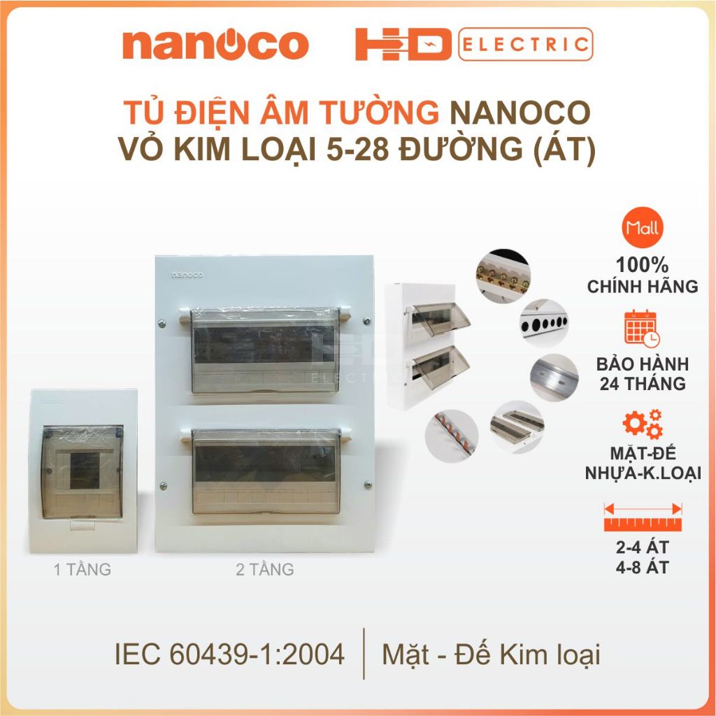 Tủ điện âm tường Nanoco NDP110 NDP114 NDP120 NDP126 NDP128 Vỏ Kim loại độ bền cao