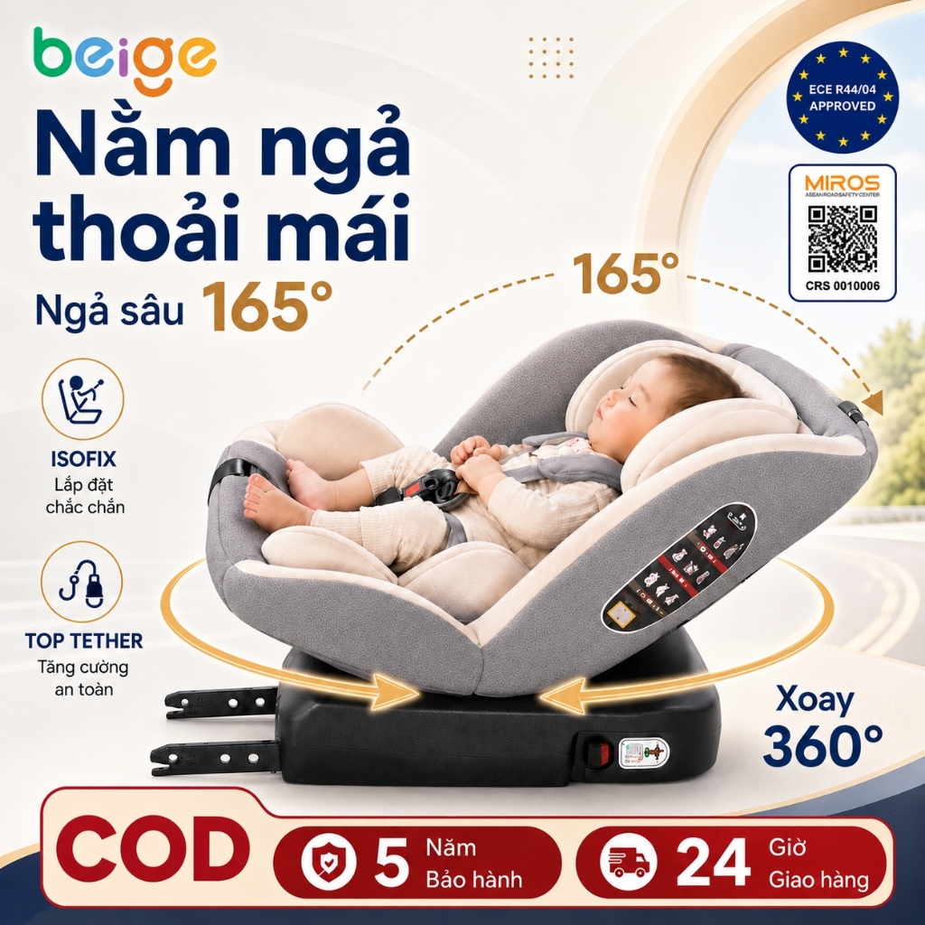 Ghế ngồi ô tô cho bé Beige,Dây đai an toàn năm điểm, phụ kiện ISOFIX, ghế xoay 360°,ghế trẻ em ô tô