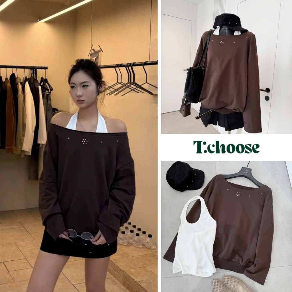 Áo thun nâu dài tay mix áo cổ yếm 7513 TCHOOSE
