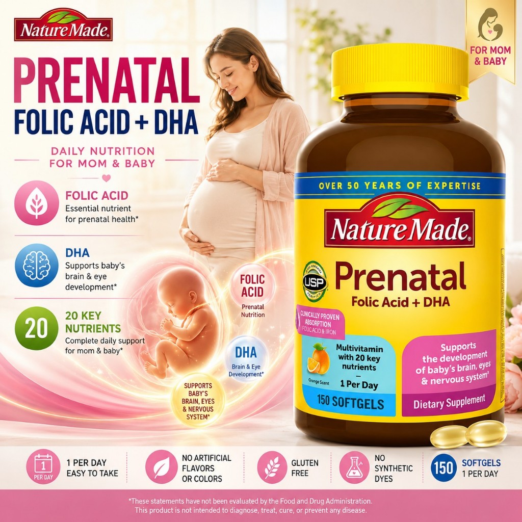 Nature Made Prenatal Folic Acid + DHA 150 viên – Vitamin cho mẹ bầu, bổ sung DHA, Folic Acid & Sắt