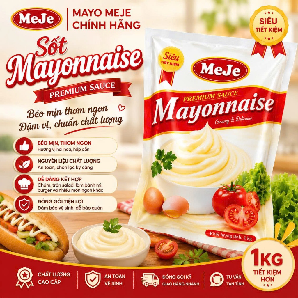MeJe Mayonnaise 1kg – Sốt Mayonnaise Cao Cấp, Béo Mịn, Thơm Ngon, Túi 1kg