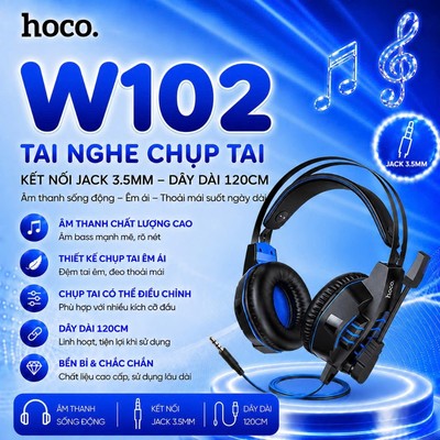 Tai nghe chụp tai Hoco W102 mic đàm thoại, tích hợp 2 cổng cắm 3.5mm+USB-A, có đèn LED, đệm chống tiếng ồn