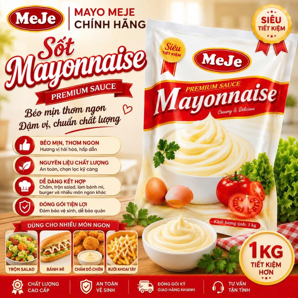 ( Chính Hãng ) MeJe Mayonnaise 1KG – Sốt Mayonnaise Premium Sauce, Béo Mịn Thơm Ngon