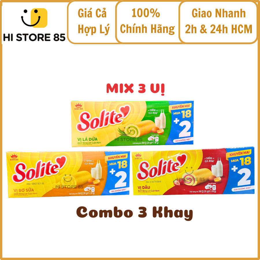 [Combo 20gói * 3Khay/ 6Khay] Bánh bông lan cuộn Solite Kinh Đô vị Lá dứa/ Bơ sữa/ Dâu 360g >Hi Store