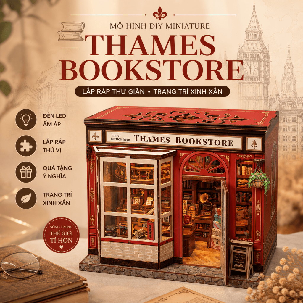 (Order 15 ngày) CuteBee Mô Hình Book Nook Thames Bookstore – Mô Hình DIY Thu Nhỏ Có Đèn LED, Trang T