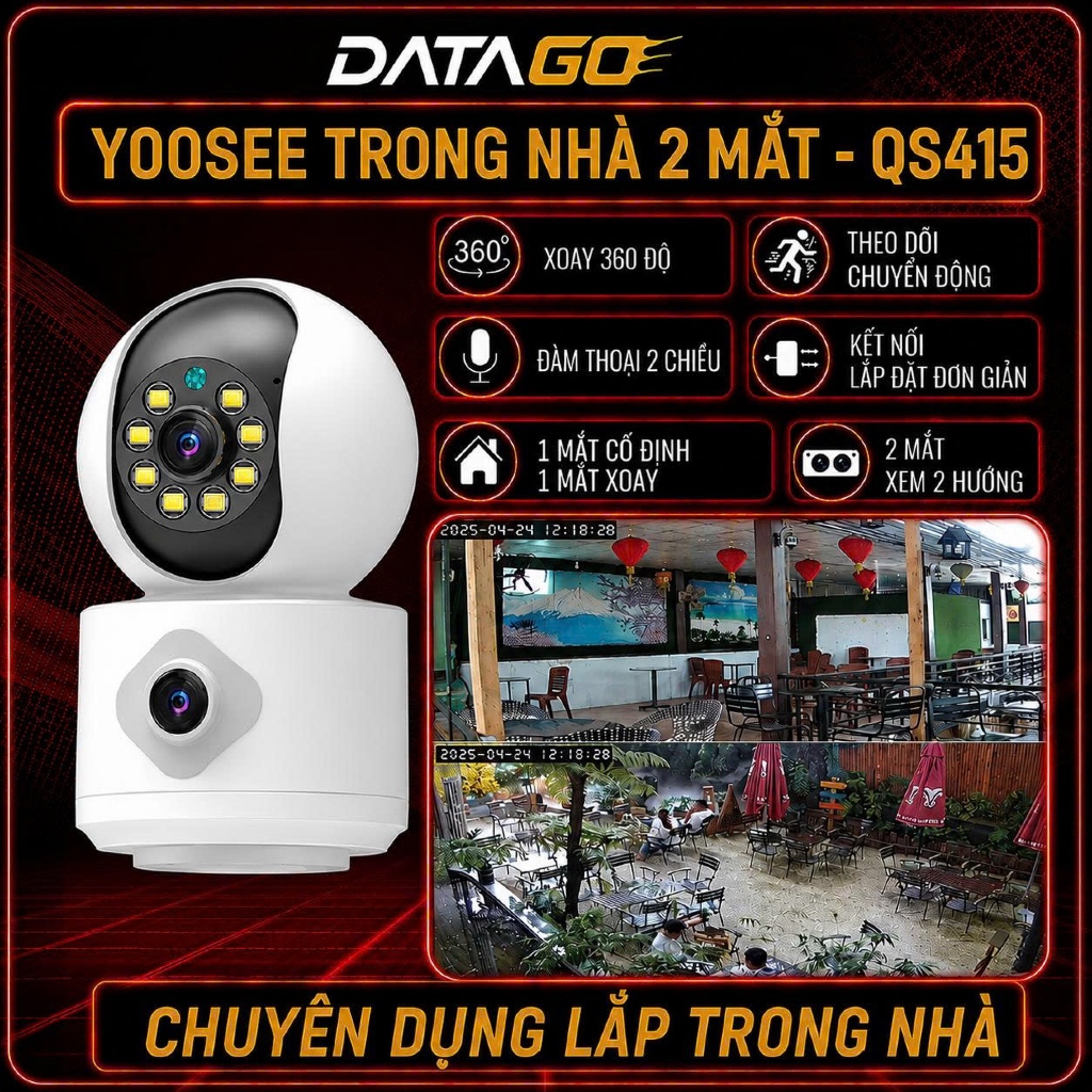 Camera Yoosee 2 Mắt QS415-C Xem 2 Màn Hình [ có chân đế kèm theo] Cùng Lúc xoay 360 Độ,Xem Đêm Có Mà