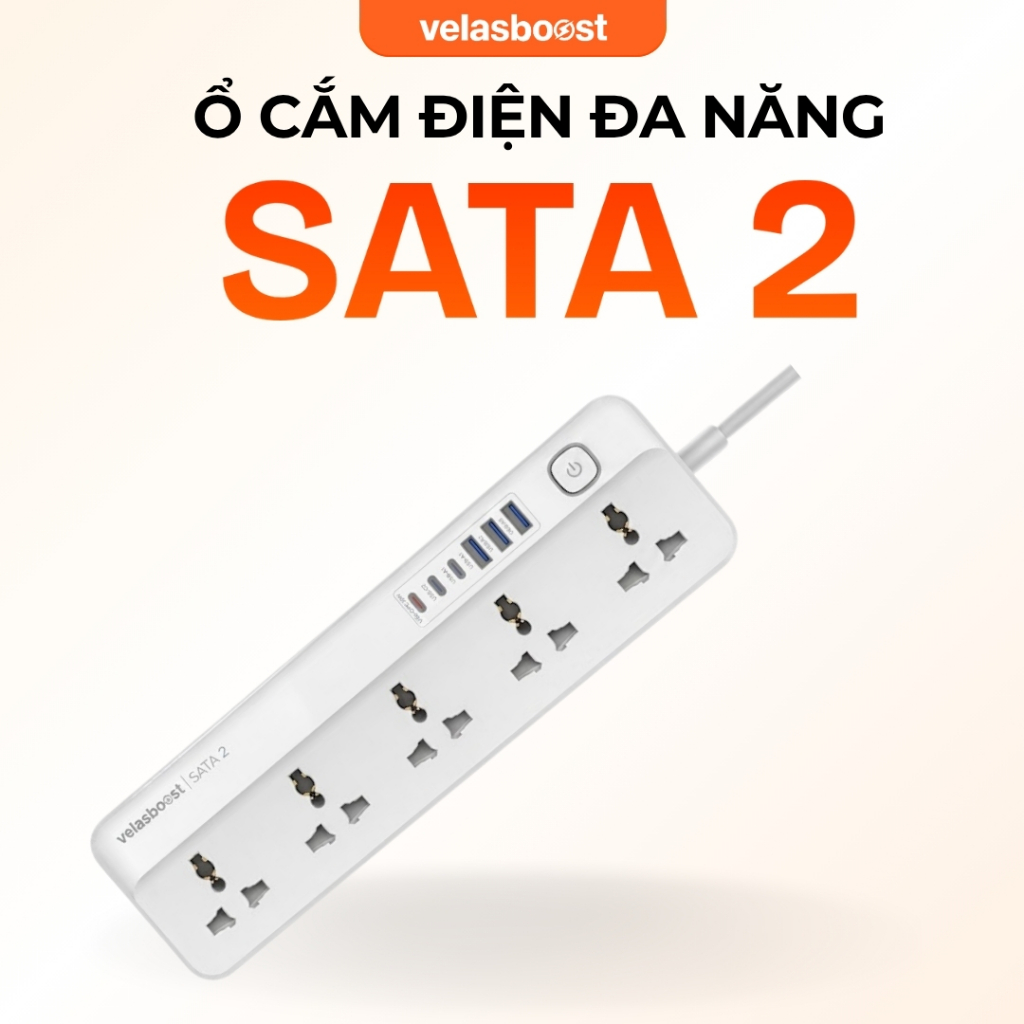 Ổ Cắm Điện Đa Năng Velasboost Sata2, 2500W, 5 Ổ Cắm, 3 USB-C + 3 USB-A, Sạc Nhanh 20W - Velasboost, 