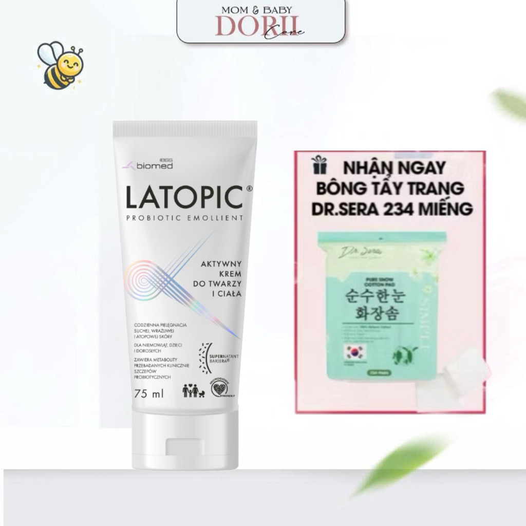 Latopic Kem dưỡng ẩm, dịu ngứa da mặt và toàn thân 75ml Tặng Bông Tẩy Trang Dr. Sera