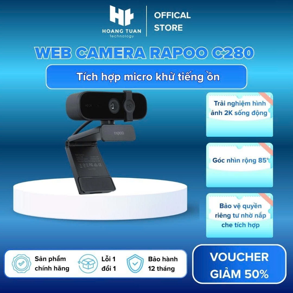 Webcam Rapoo C280, 2K (2560x1440), chuẩn H.264, góc nhìn 85° Micro đa hướng khử ồn kép Xoay linh hoạ