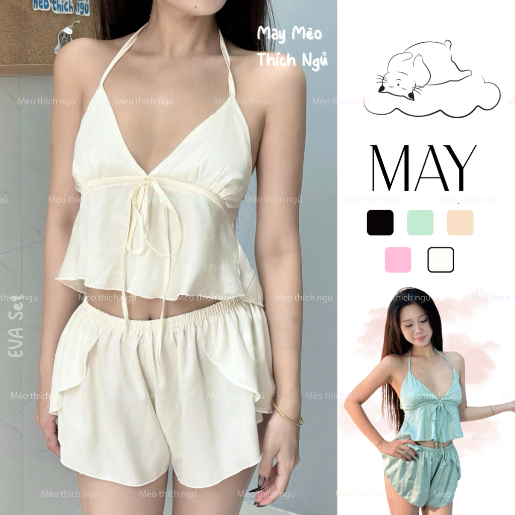 EVA SET - Bộ Đồ Ngủ Nữ Lụa Hai Dây Nhún Ngực Thắt Nơ Quần Bèo Mềm Mại Nữ Tính