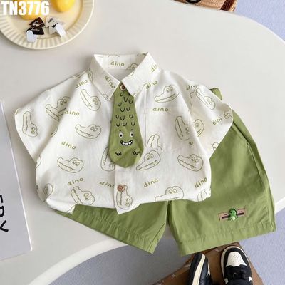 Bộ Sơ Mi Cộc Tay Quần Short Bé Trai Họa Tiết Động Vật Xanh Lá Mùa Hè MINTSCLOSET TN3776
