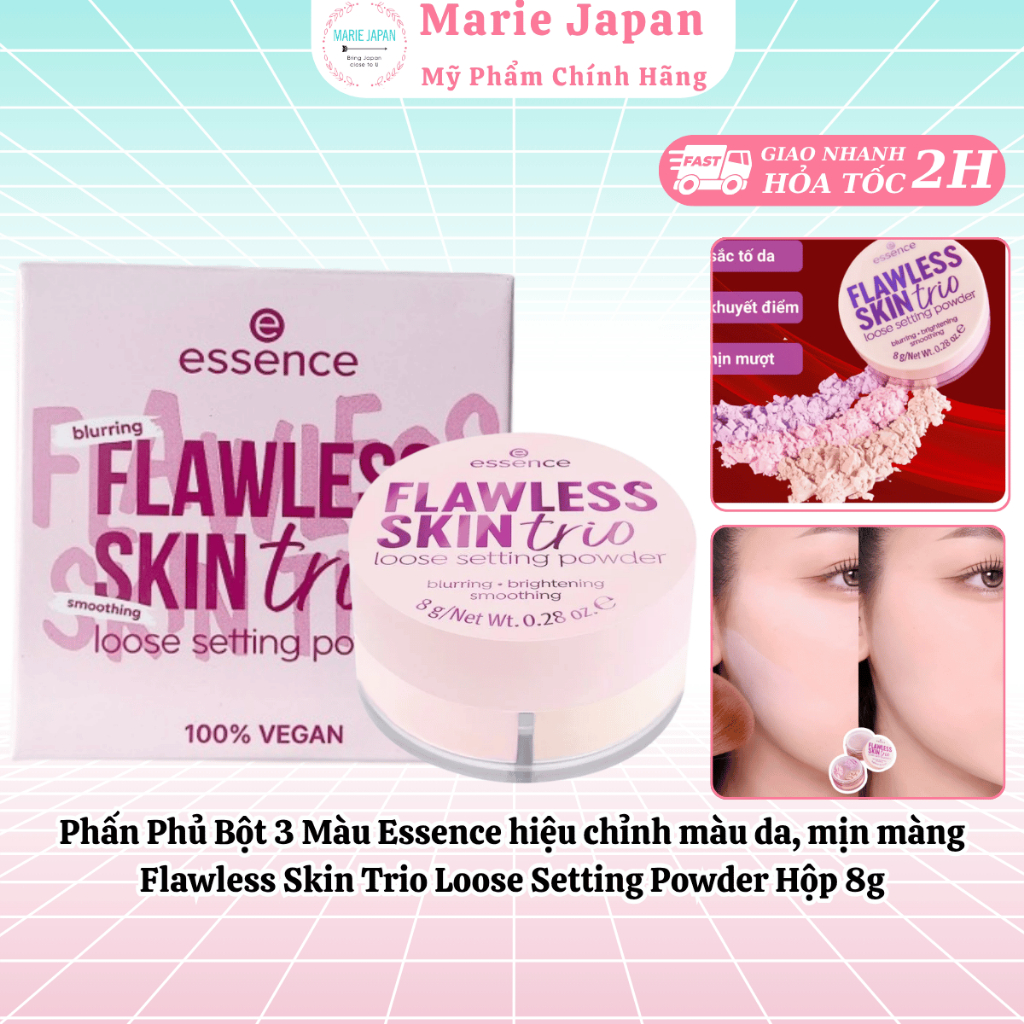Phấn Phủ Bột 3 Màu Essence hiệu chỉnh màu da, mịn màng Flawless Skin Trio Loose Setting Powder Hộp 8