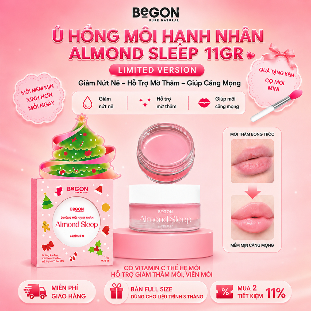 [Ver.Noel] Ủ Hồng Môi Hạnh Nhân Almond Sleep 11gr – Hỗ Trợ Giảm Thâm, Dưỡng Ẩm & Làm Hồng Môi BeGON