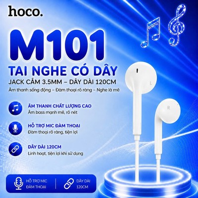 Tai Nghe có dây Jack 3.5mm Hoco M101 dây dài 120cm, tương thích nhiều thiết bị