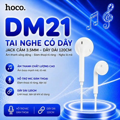 Tai Nghe có dây jack 3.5mm Hoco DM21 hỗ trợ micro đàm thoại dài 120cm,dây tròn siêu bền