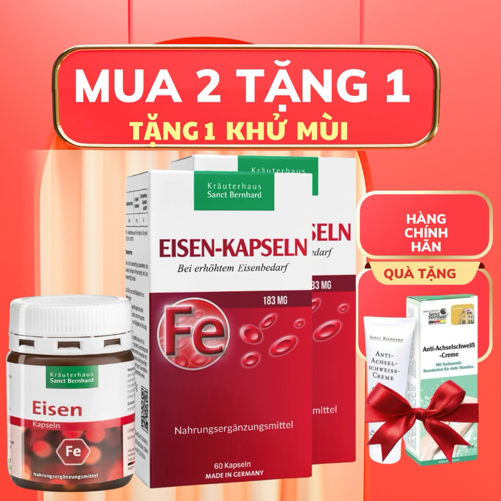 Combo 2 Sắt hữu cơ Sanct Bernhard Eisen Kapseln tặng 1 kem bôi khử mùi  - Hỗ trợ giảm thiếu máu do t