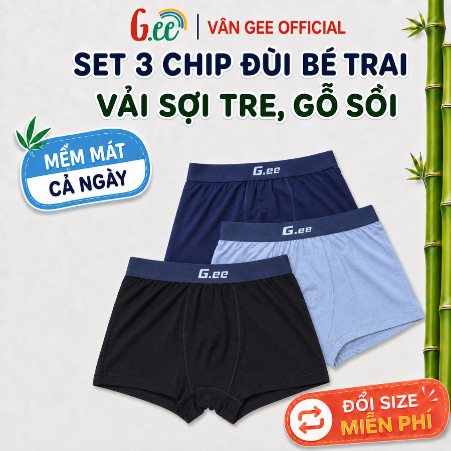 Set 3 chip đùi bé trai dáng đùi vải sợi tre mềm đẹp, chun co dãn thoải mái cho bé mới tập mặc