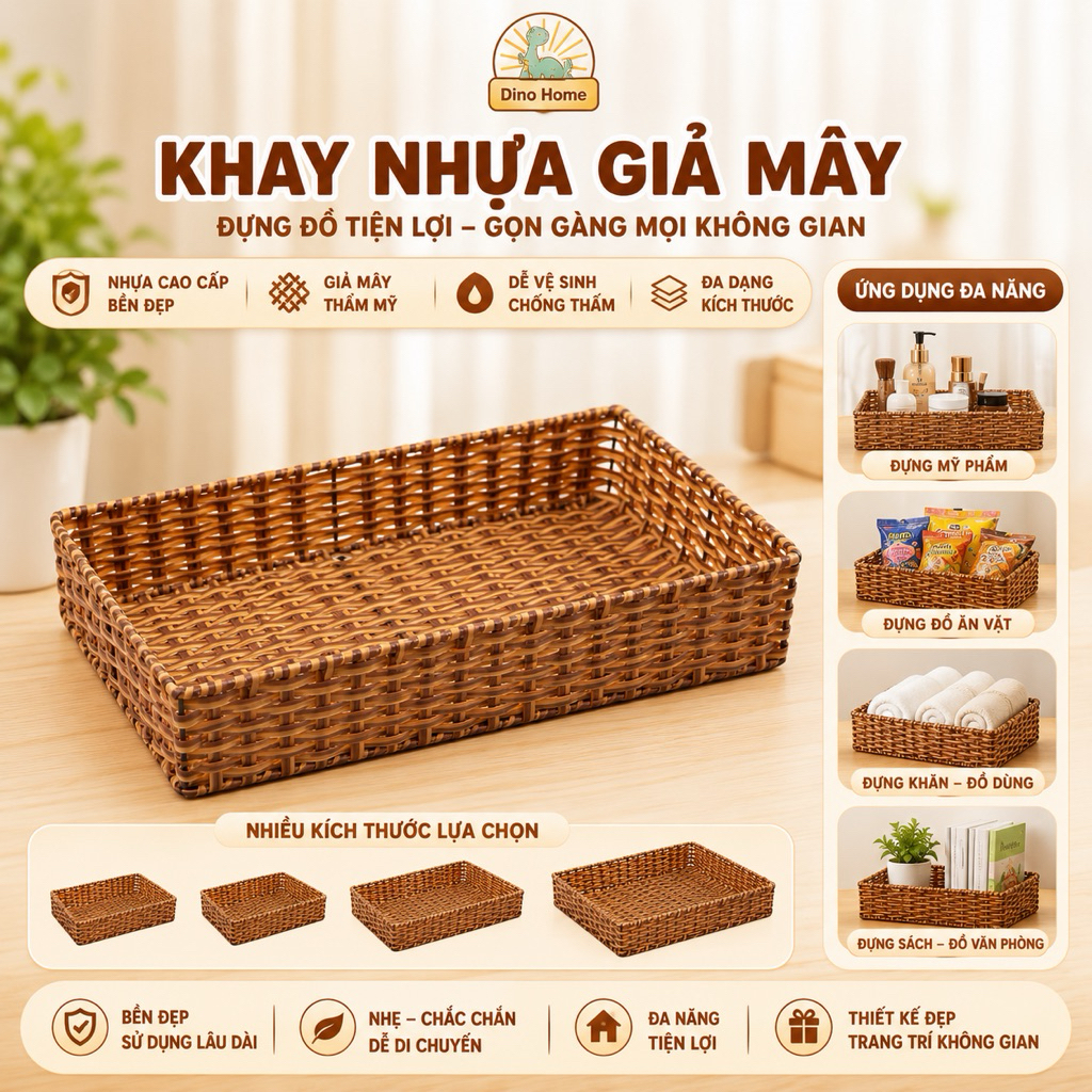 Khay Nhựa Giả Mây Hình Chữ Nhật Đựng Trái Cây, Bánh Kẹo, Khay Đựng Đồ, Mỹ Phẩm, Gia Vị, Đồ Dùng Đa Năng