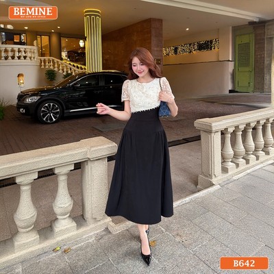 Đầm thiết kế BEMINE cổ tròn phối ren hoa dáng chữ A phù hợp đi làm-B642